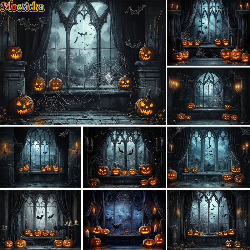 Mocsicka Horror Halloween Castle Backdrop Photography Broken Window Pumpkin Decor Kids Adult Portrait Photo Background Studio