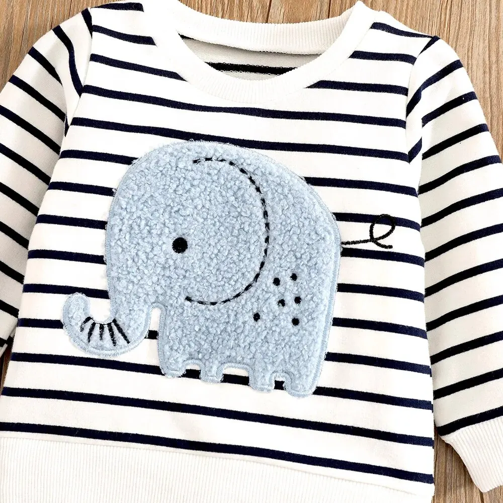 0-2 Year Old Spring And Autumn New Elephant Print Stripe Round Neck Top+Jeans Casual Two Piece Set