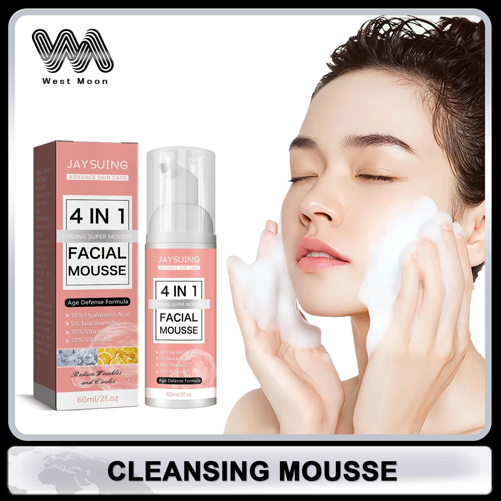 Facial Mousse Moisturizing Skin Brightening Oil Control Deep Cleaning Exfoliator Hyaluronic Acid Shrink Pores Face Foam Cleanser