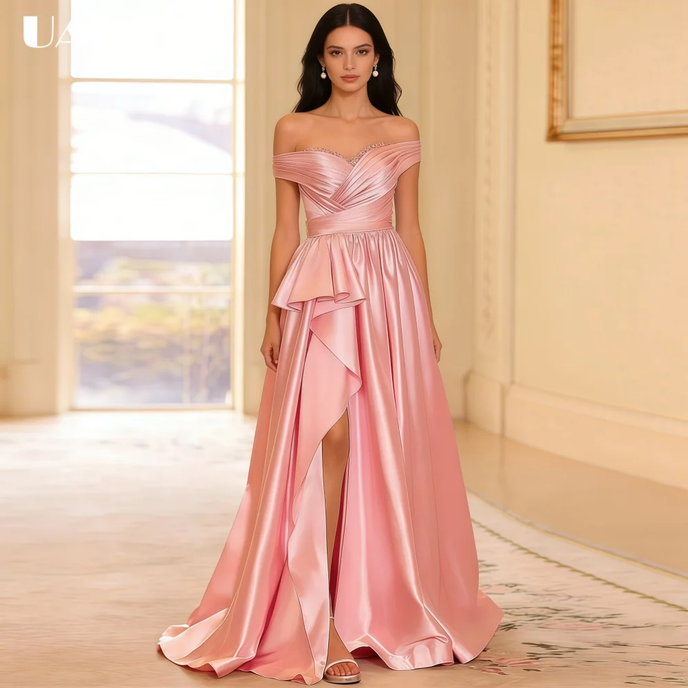 

ULBYANRY Fashionable Satin A-Line Off-the-shoulder Prom Dress, Sparkly Rhinestone Evening Dress, Customized Draped Party Dress