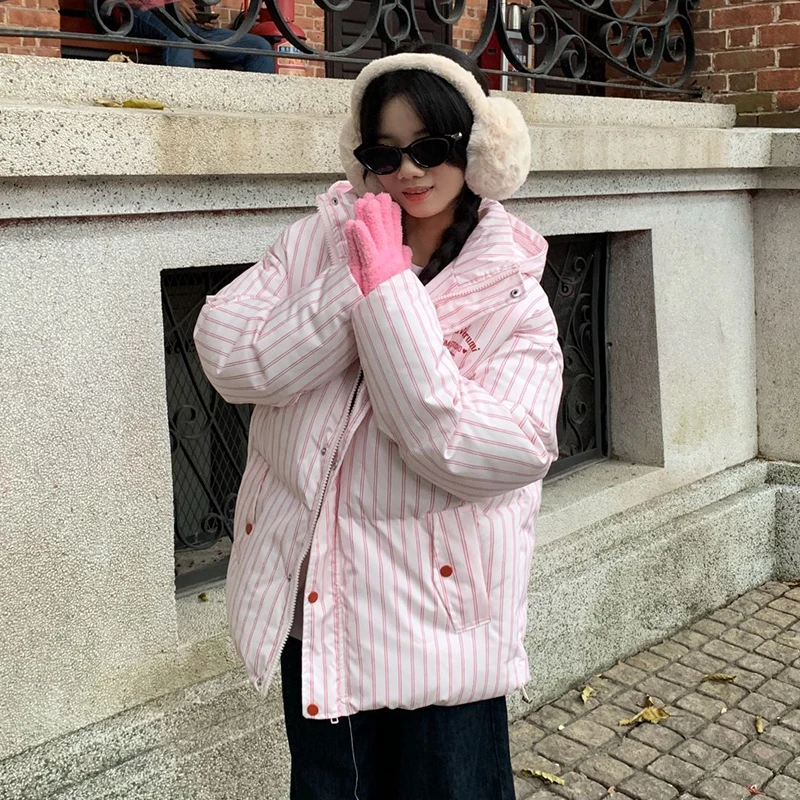 معطف مخطط دافئ بقلنسوة 2025 موضة جديدة معطف نسائي مبطن من القطن معطف شتوي فضفاض غير رسمي للنساء من القطن H763 #4