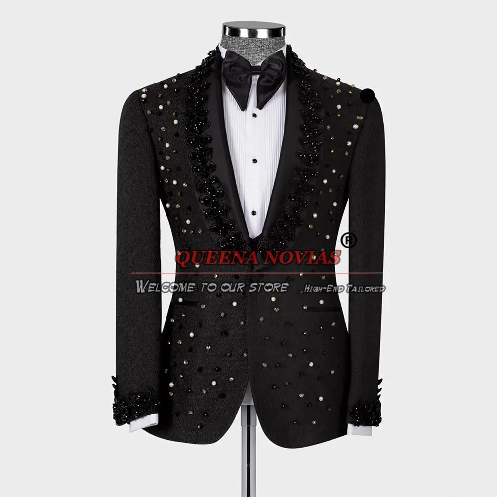 Formal Boys' Attire For Wedding Black Floral Blazer Pants 2 Pieces Children Birthday Party Clothing Colorful Stone Beads Jacket