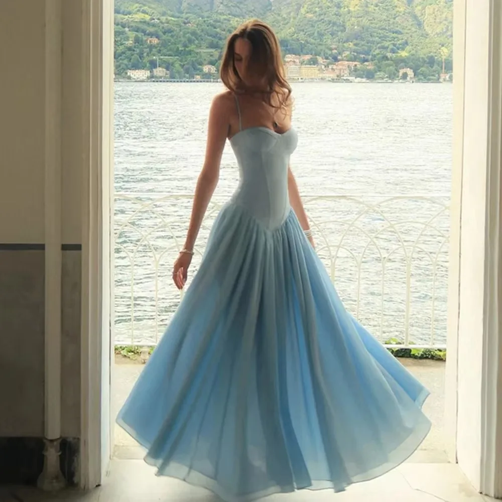 

Simple Sky Blue Tulle Evening Dresses A Line Spaghetti Straps Wedding Guest Dresses Graceful Dresses For Women Customized