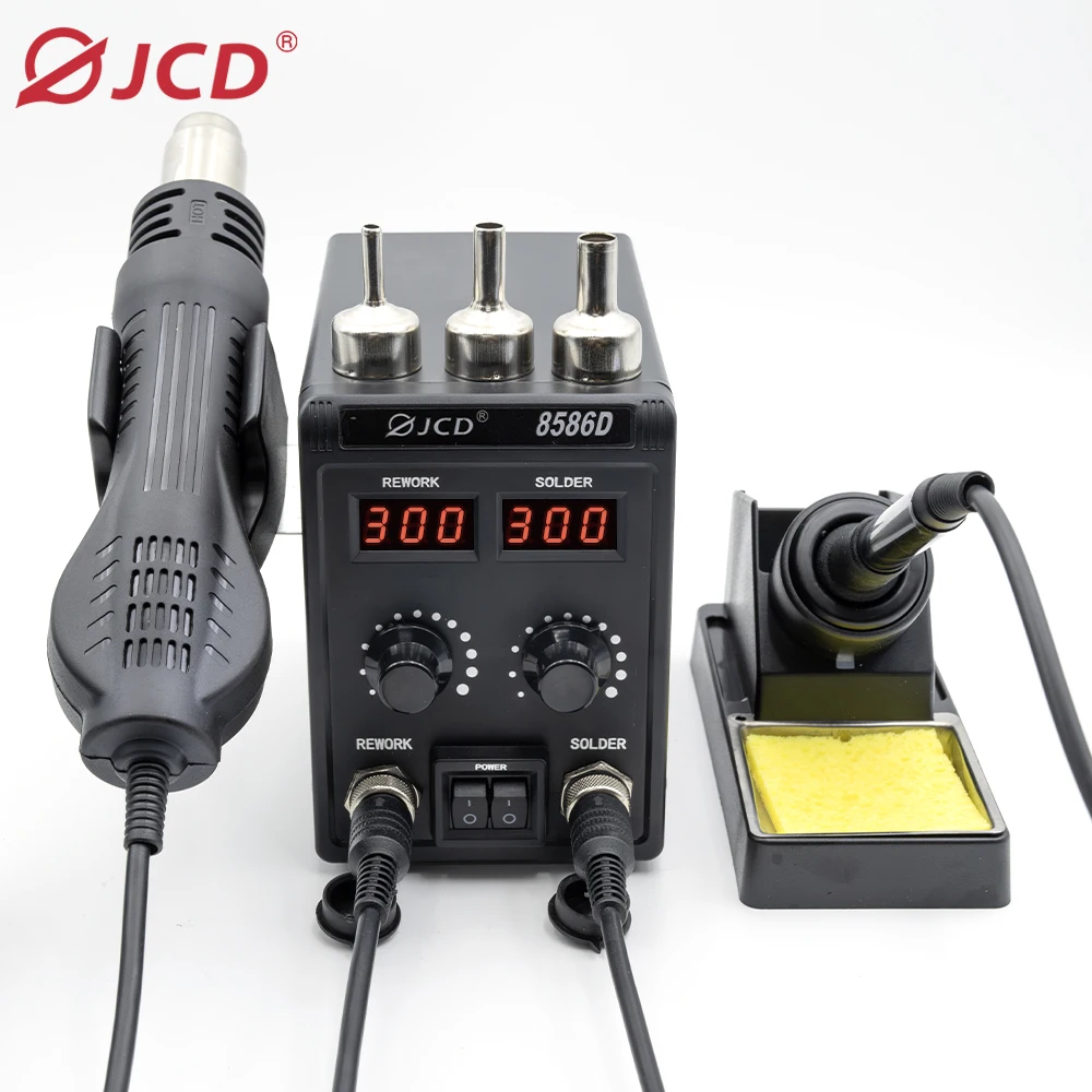 Q8586DB3TK JCD 2‑IN‑1 Hot Air Gun Soldering Station, Dual Digital Display 10‑Minute Sleep Mode SMD Rework Welding Station 220V