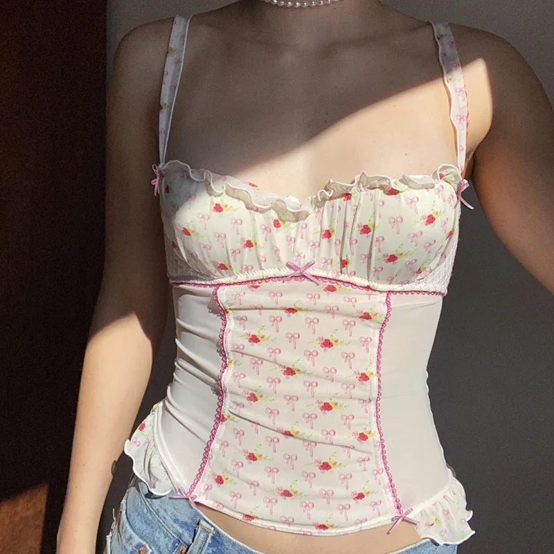 Sweet and Spicy Girl Cherry Printed Mesh Camisole2024Spring and Summer New Contrast Color Wooden Ear Slimming Hot Girl Vest