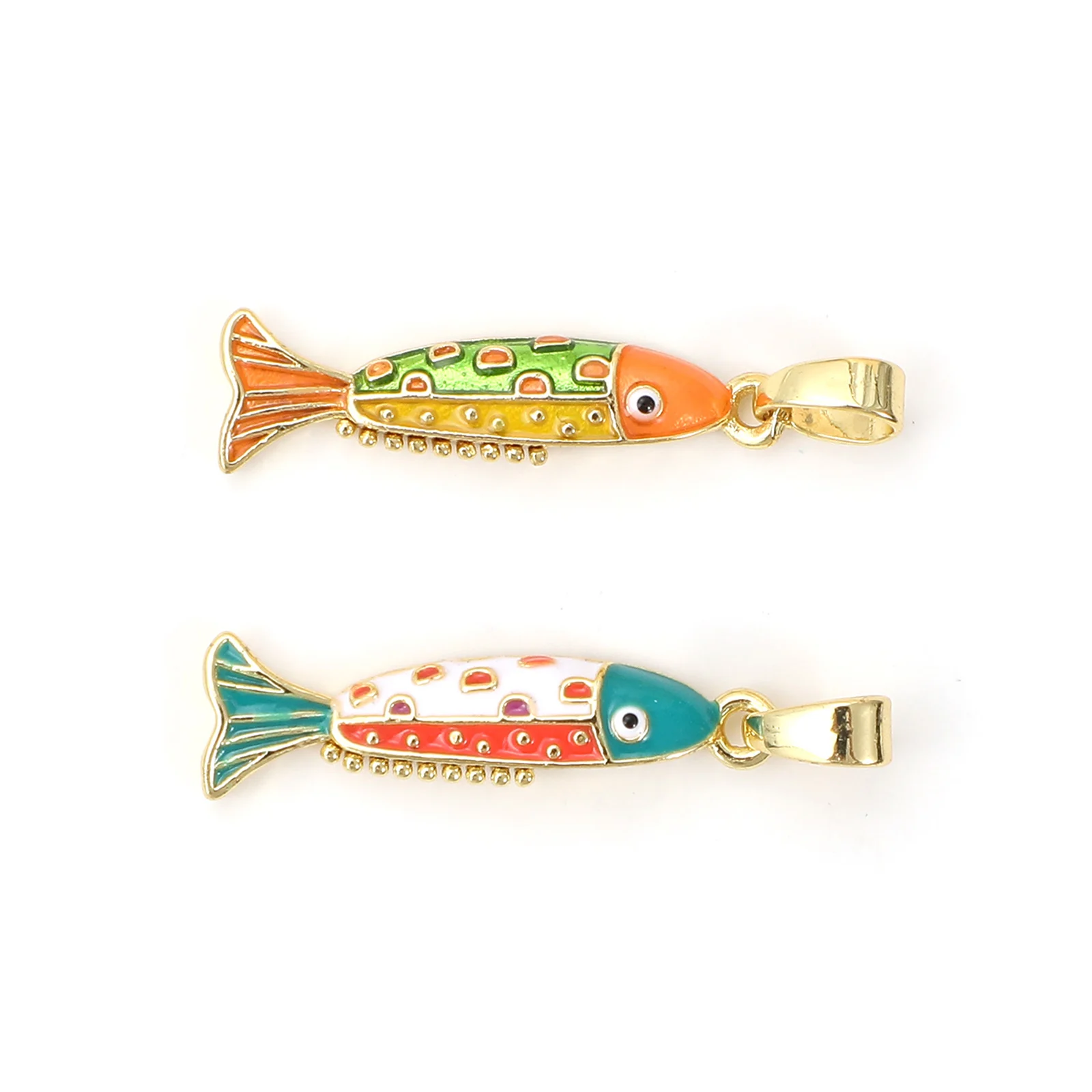 2 PCs Brass Ocean Jewelry Charm Pendant 18K Gold Plated Multicolor Enamel Fish Pendant For DIY Necklace Making 27mm x 6.5mm
