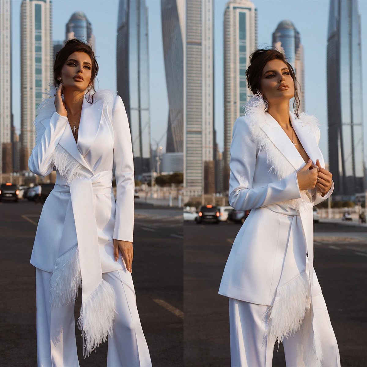 New Women Sets Feather Peaked Lapel Bridal Wear Slim Fit 2 Pieces Coat Pants Ceremony Birthday Party Customized