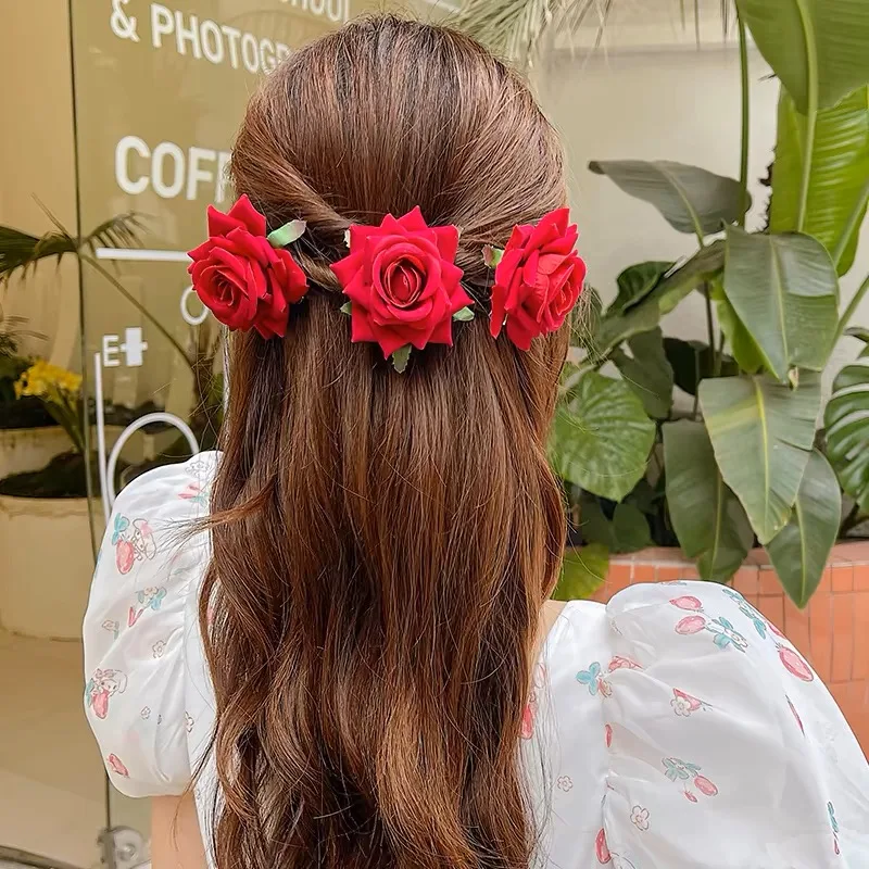 Retro rose hairpin spring and summer new style sweet broken hair side clip temperament versatile beach style headwear for women