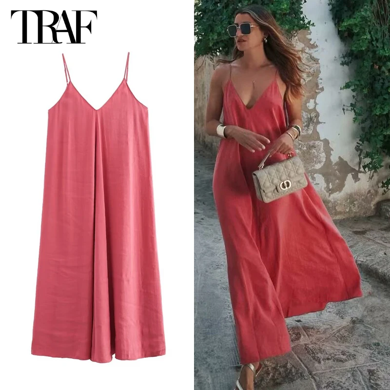 TRAF 2024 Red Slip Maxi Dress Women Sexy Backless Long Dresses for Woman Summer Beach Female Dress Draped Party Dresses Women