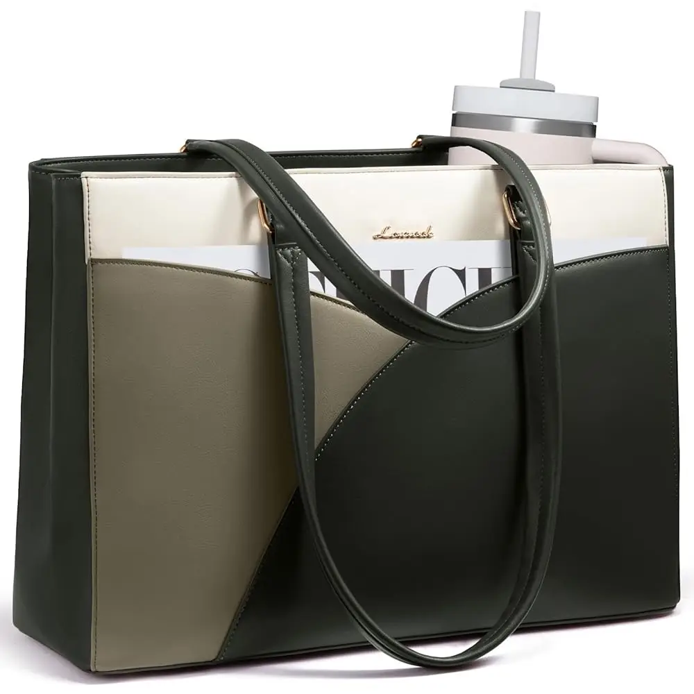 

Laptop Bag for Women,15.6 Inch Work Teacher Bags Leather Tote Bag Briefcase Waterproof Computer Bag for Women，White and Green