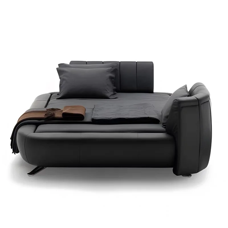 

Italian minimalist light luxury slide bed first layer cowhide modern minimalist leather double bed