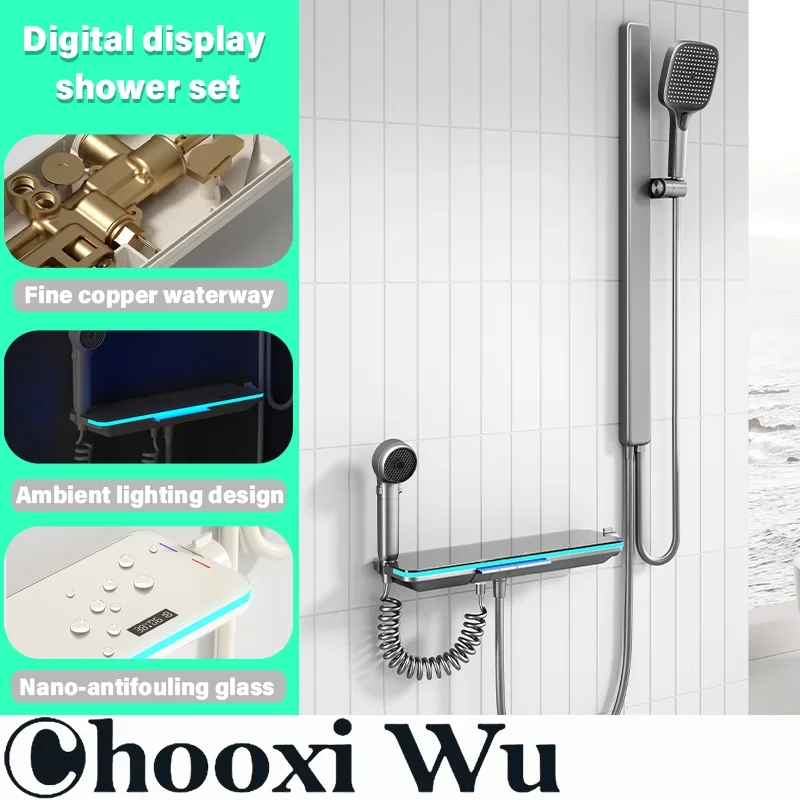 Brass Waterfall Wall Mount Faucet with Smart Temperature Digital Display Bathtub Shower Mixer Crane for Bathroom