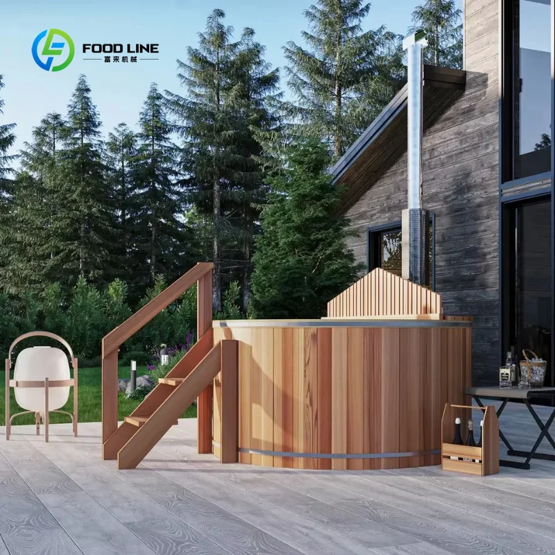 Customized Outdoor Cedar Wood Burning Hot Tub Spa Round Wooden Bathtub with Built-In Wood Fired Heater & Matching Wooden Stair