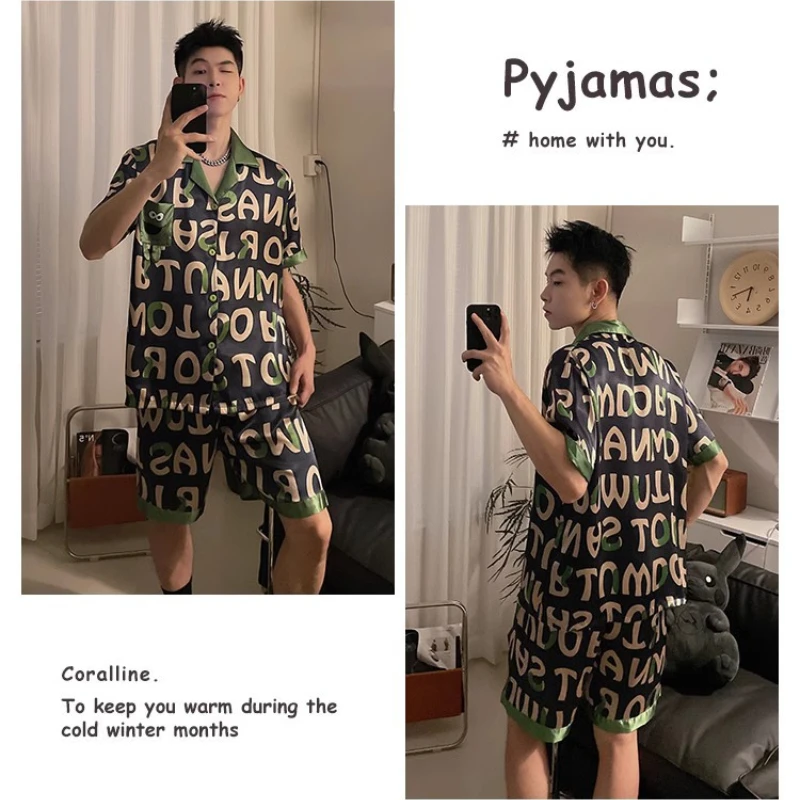 3XL Grote Maat Zomer Nachtkleding Mannen Gedrukt Zijdeachtig Satijn Pyjama Korte Mouw Shorts Thuis Kleding Koreaanse Loungewear Bovenkleding