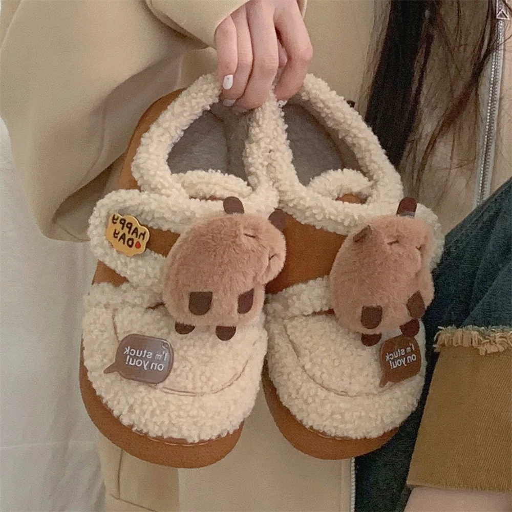 

Cute Lamb wool Plush Slippers for Women 2024 Winter Warm Faux Fur Home Shoes Woman Thick Sole Non Slip Indoor Fluffy Slippers