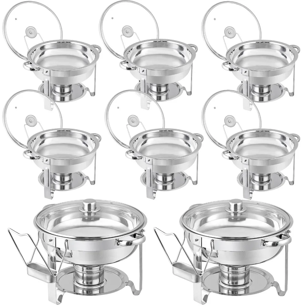 

5QT Круглая стеклянная крышка из нержавеющей стали, набор из 8 подогрева для вечеринки