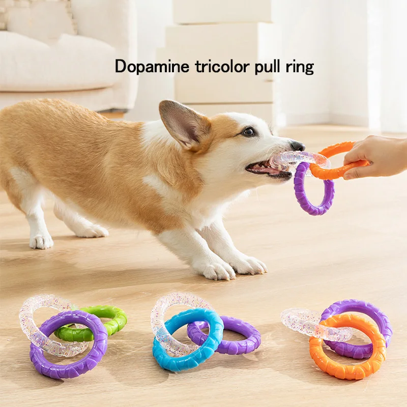 

​Tricolor Dopamine Dog Pull Ring Toy Pet Chew Rings with TPR Safe Material Gum Protection Self-Relief Play for Small Medium Dog