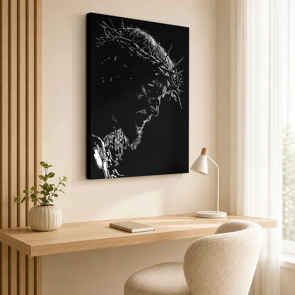 Jesus Crown Thorns Portrait Canvas Print With Wooden Frame Personalized Photo Religious Illustration Wall Art For Living Room