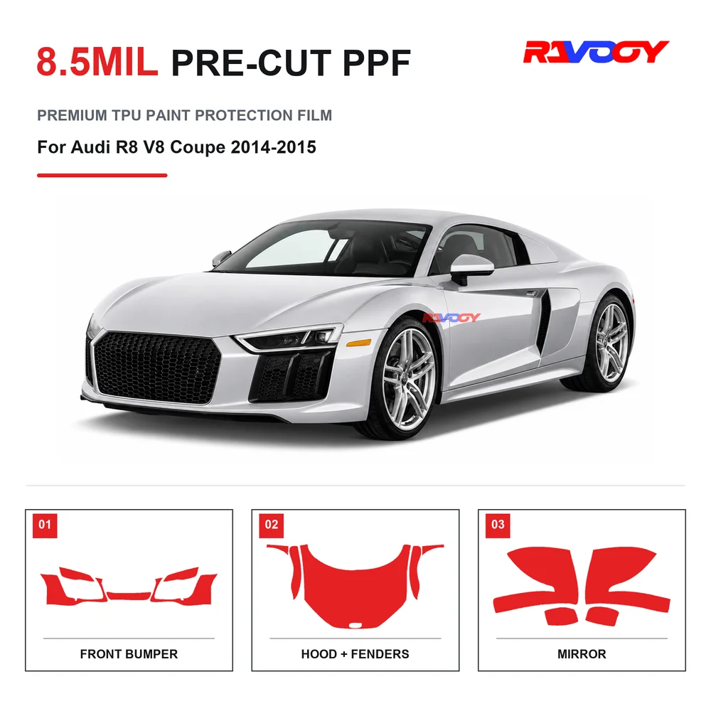 Film de protection de peinture transparent en TPU pré-découpé pour Audi R8 V8 Coupé 2014-2015, 8,5 mil, auto-réparant, hydrophobe, protection contre les rayures et les éclats de pierres, protection UV