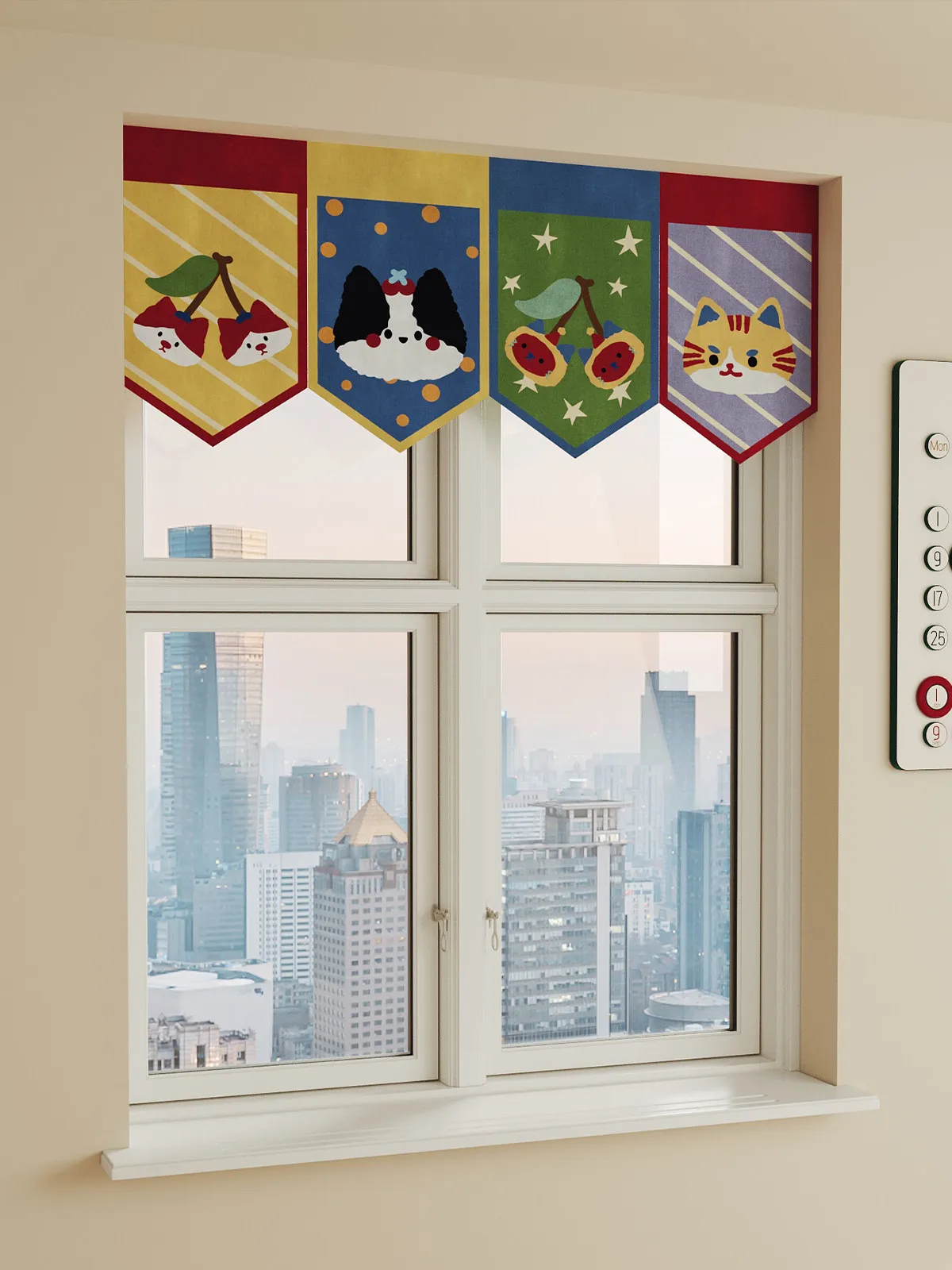 VIKAMA Color Block Cherry Cat Dog Single Valance Curtain Velcro Punch Free Balcony Window Kids Fabric Short Curtain