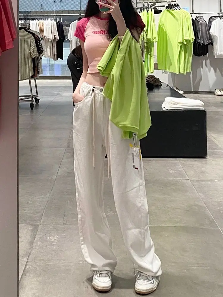 

Y2k Pants Streetwear White High-waisted Drawstring Wide-leg Jeans Female Summer New Loose Thin Drape Drag Pants Spring Summer