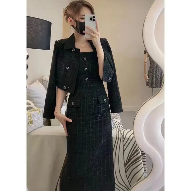 Women Elegant Tweed Two Piece Outfit Cropped Jacket Slim Midi Dress Set Autumn Winter