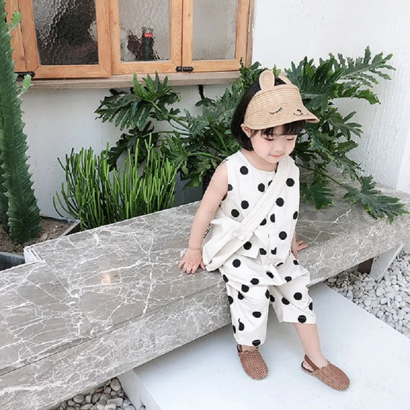 Summer Baby and Girls Cotton Dots Sleeveless Single-Breasted Bodysuits School Kids Lovely Jumpsuits Child Overalls Outfit 2-8Yrs