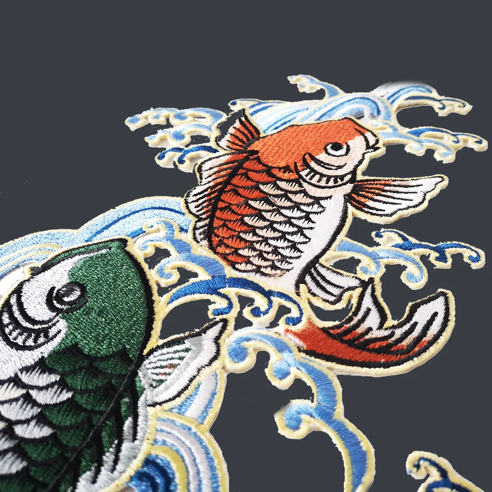 Chinese CarpEthnic Style Large Embroidery Patches for Jacket one Carps Jumping over the Dragon Gate Fish Marine Life Iron on