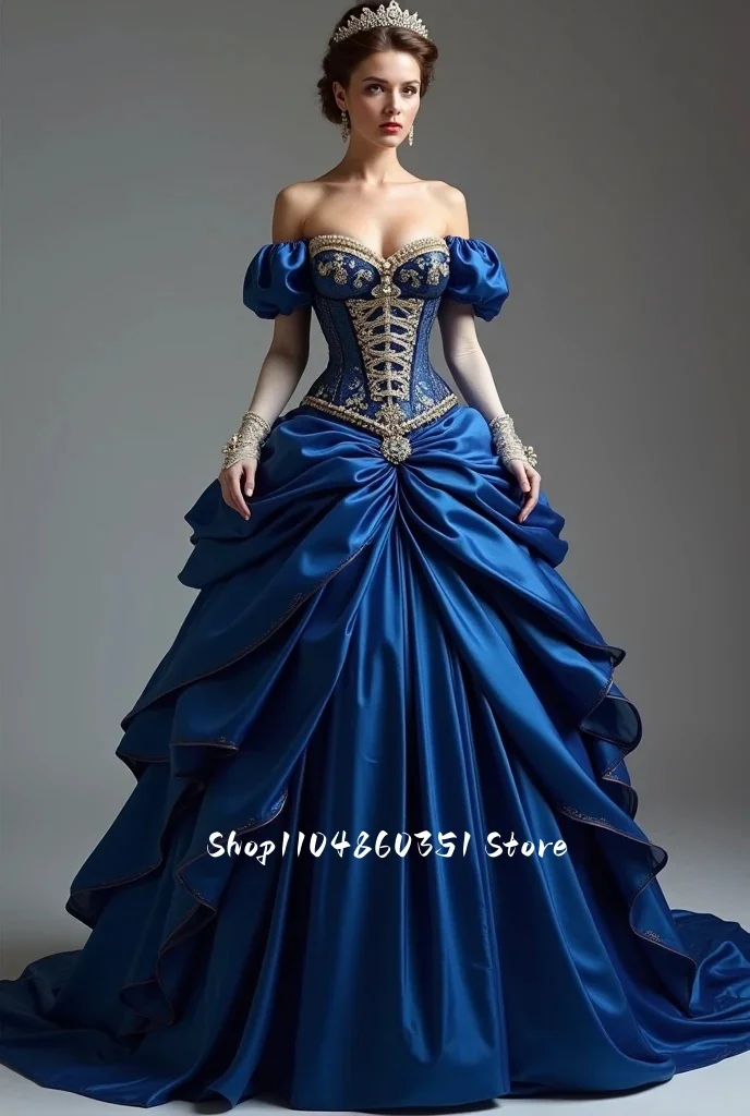 Viktorianisches Vintage-Abschlussballkleid mit Rüschen, blaues Satin-Korsett, historisches Kostüm, individuelles Damen-Maskeradekleid