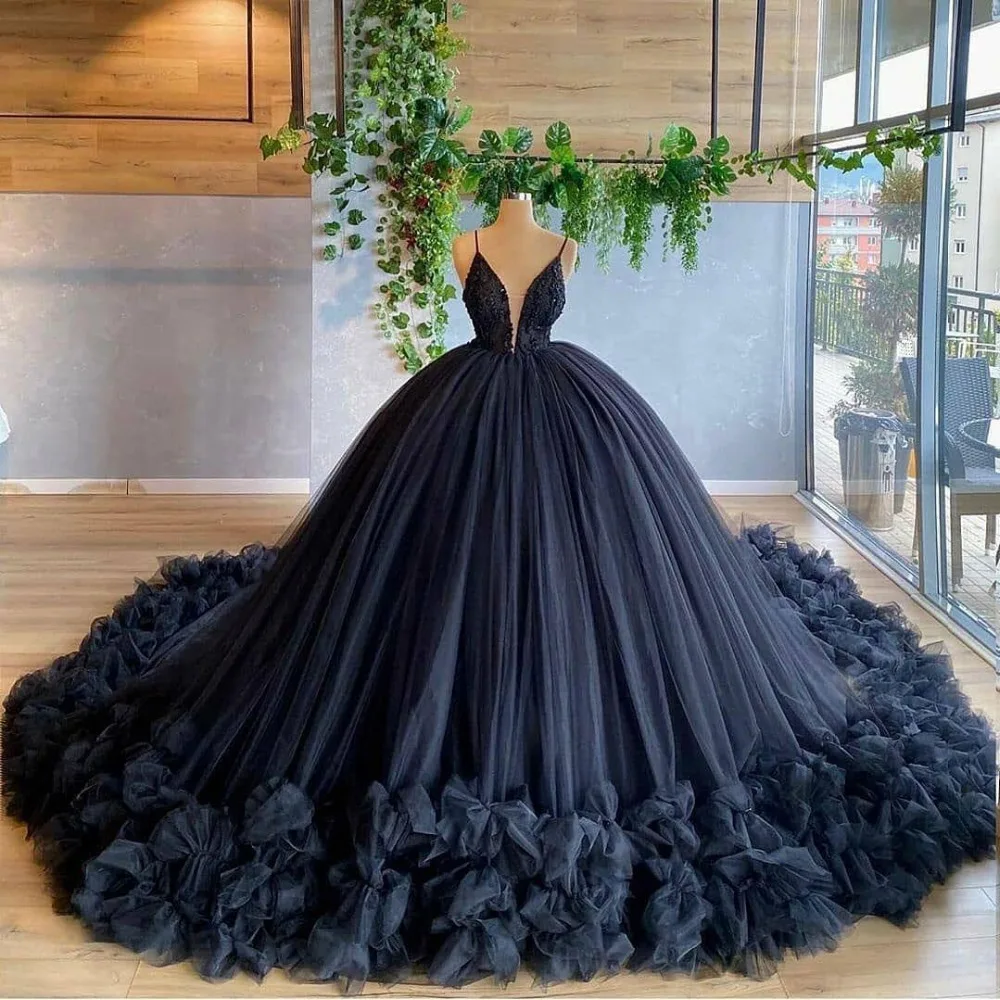 Black V Neck Tulle Ruffles Women Prom Dress 2025 Purple Straps Beads Evening Formal Gowns Luxury Customized Robe De Soiree image 6