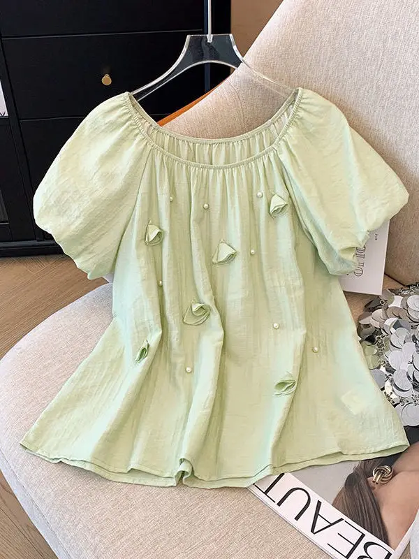 camiseta-feminina-de-verao-com-design-coreano-manga-curta-bufante-estampa-floral-e-de-contas-gola-redonda-bolso-estilo-simples-e-elegante