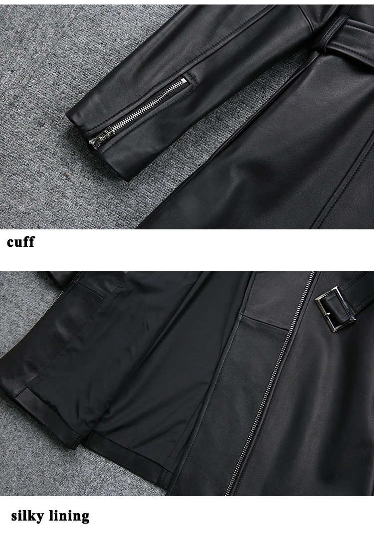 Motorcycle Windbreaker Women Female Metal Zipper Waist Belt Locomotive Jacket Mujer 100% Skin Big Lapel Cuff Zipper Rivet Coat