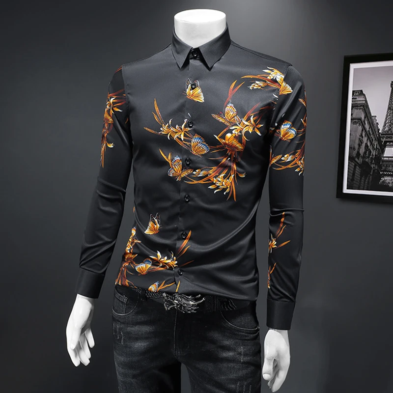 

2022 Autumn Winter New Trendy Men's Diamond-Ironing Long Sleeve Social Shirt Elegant Luxury Stylish Casual Cool Top