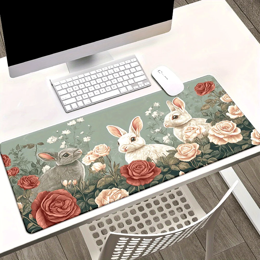 

1pc Pink Rose Flowers Cute Bunny Light Colors Mousepad, Natural Rubber Waterproof Anti-Slip Office Mouse Mat, Office Computer