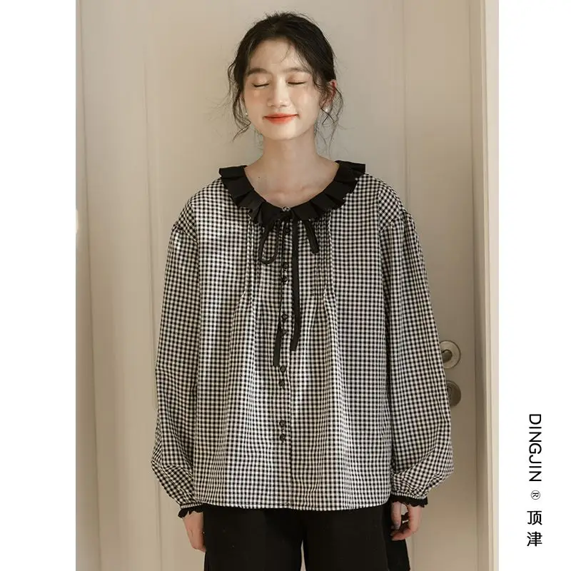 Plaid Patchwork Lacing Shirt Tops Long Sleeve Button All-match Youth Vintage Blouse Spring Autumn Sweet Fashion Women Clothing