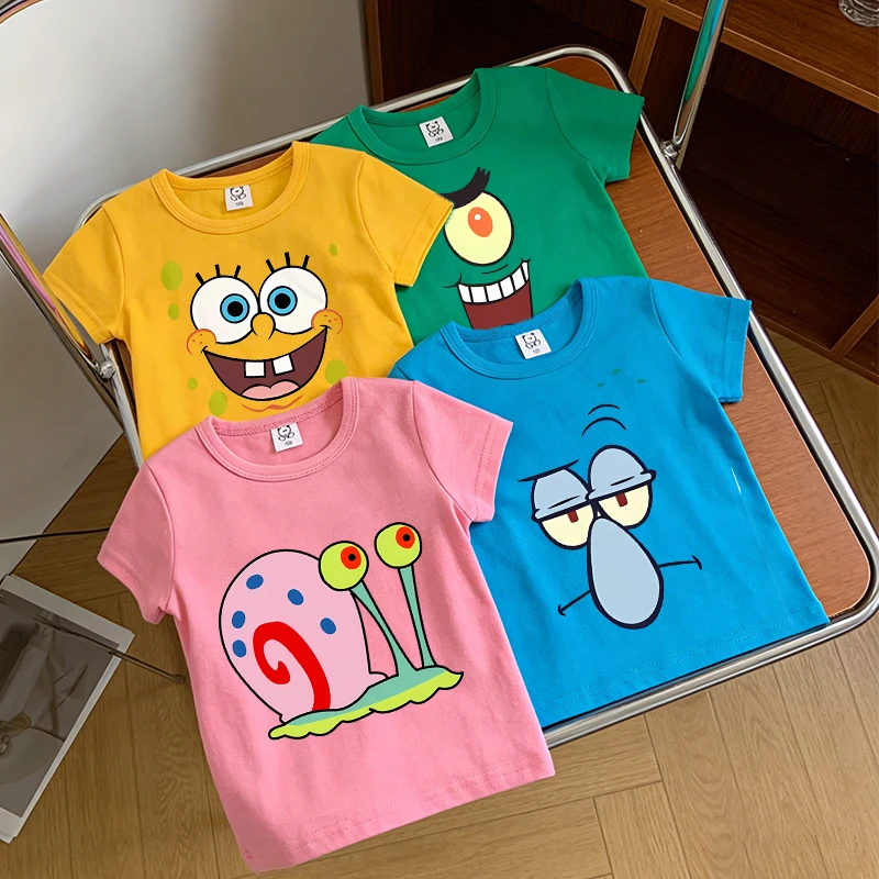 SpongeBob SquarePants Children Short Sleeved Cartoon Anime T-shirt  Birthday Tops Boy Girl Summer Fashion Tees Kids Clothes Gift
