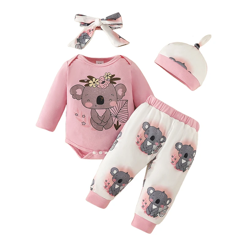 Baby Girls 4PCS Pants Sets Pink Long Sleeve Romper Koala Print Pants Headband Hat Sets