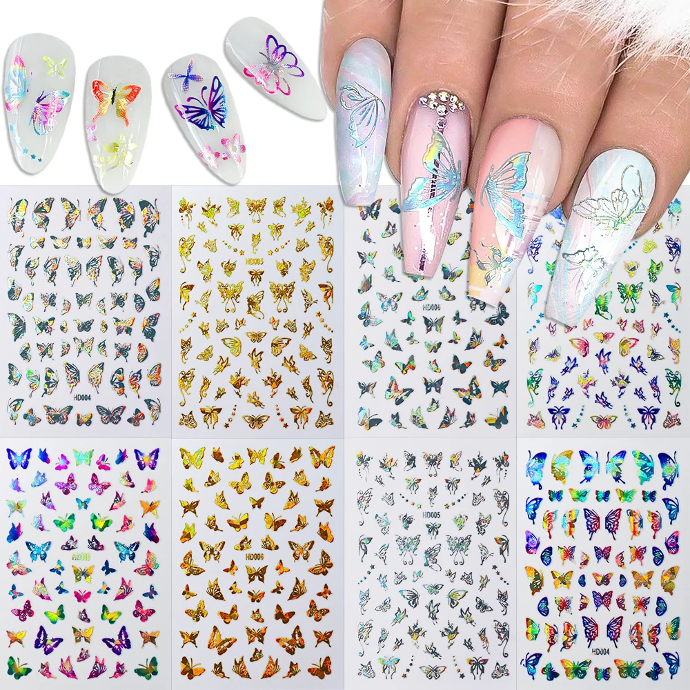 16pcs Laser Butterfly Nail Sticker Colorful Silver Gold Holographic Laser Nail Art Slider Hollow Out Wings Nail Art Accessories