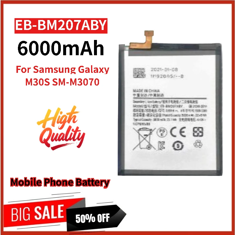 

100% New Replacement Phone Battery EB-BM207ABY 3.85V 6000mAh For Samsung Galaxy M30S SM-M3070 High Capacity High Quality