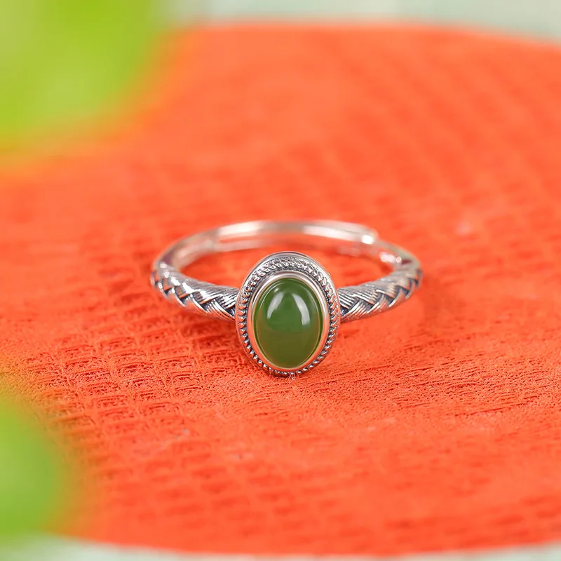 Natural Hetian Jade S925 Sterling Jadeite Woven-Shaped Fashion Geometric Vintage Silver Ring