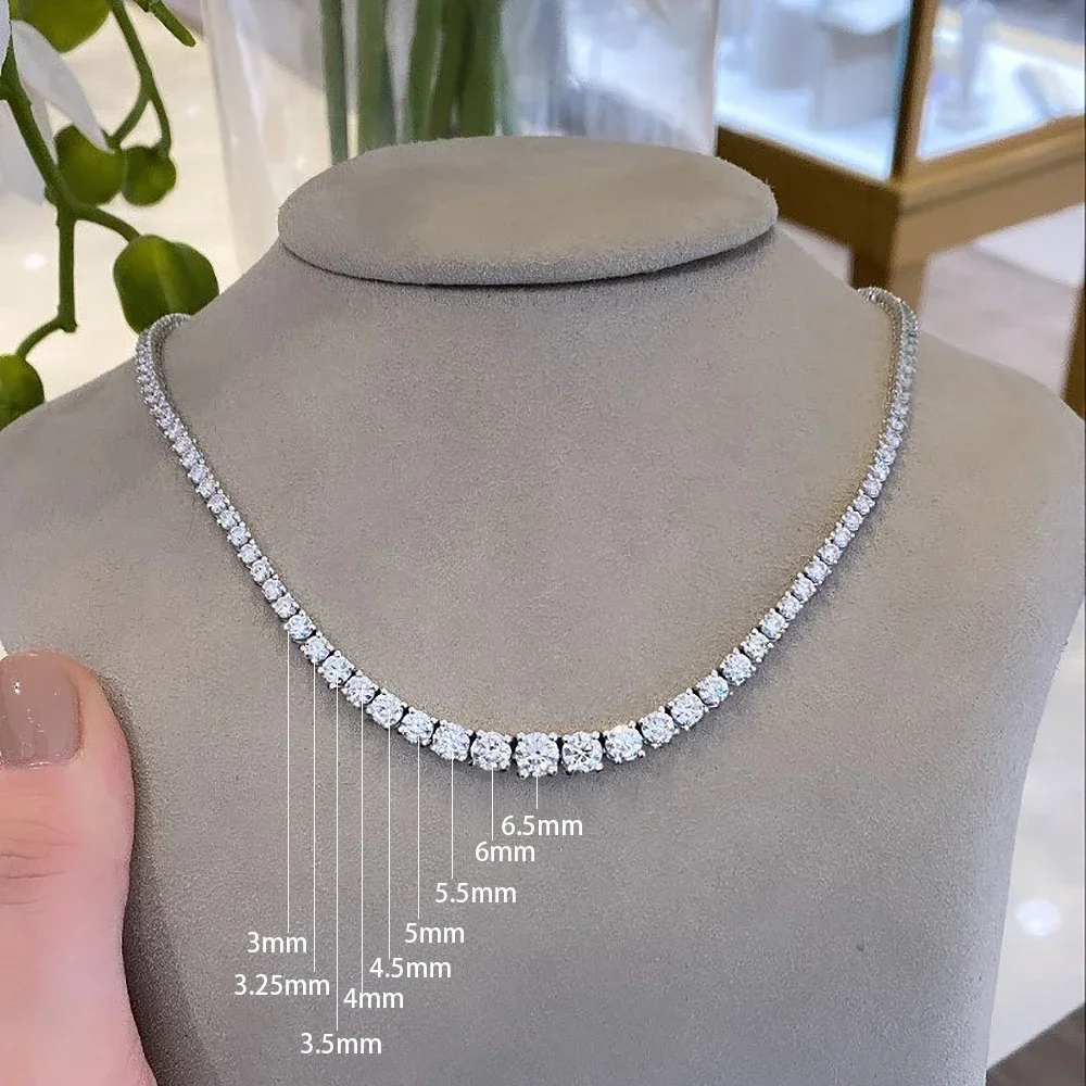 3-6.5mm Size Gradient All Moissanite Diamond Tennis Necklace with Certificate S925 Silver Riviera Necklaces Neck Chain for Women