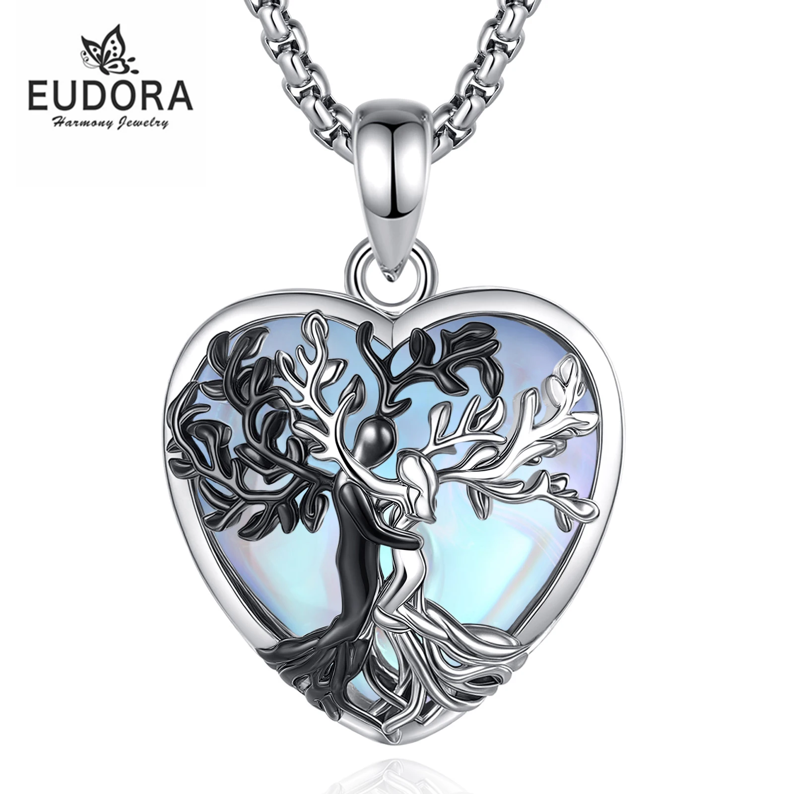 Eudora Tree of Life Couple Hug Necklace Moonstone Healing Stone Crystal Love Pendant Spiritual Jewelry Gift for Women Men