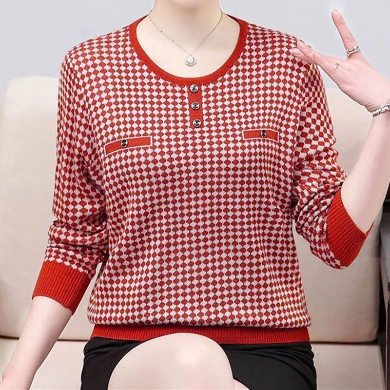 Commute Fashion Round Neck Spliced Plaid Knitted Tops for Female Casual All-match Long Sleeve Sweaters Spring Women\'s Clothing