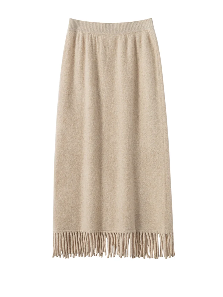 

New Straight A-line Skirt Women's 100% Cashmere knitwear Autumn Winter Casual Loose Tassels Soft High Waist Mid Length Skirt