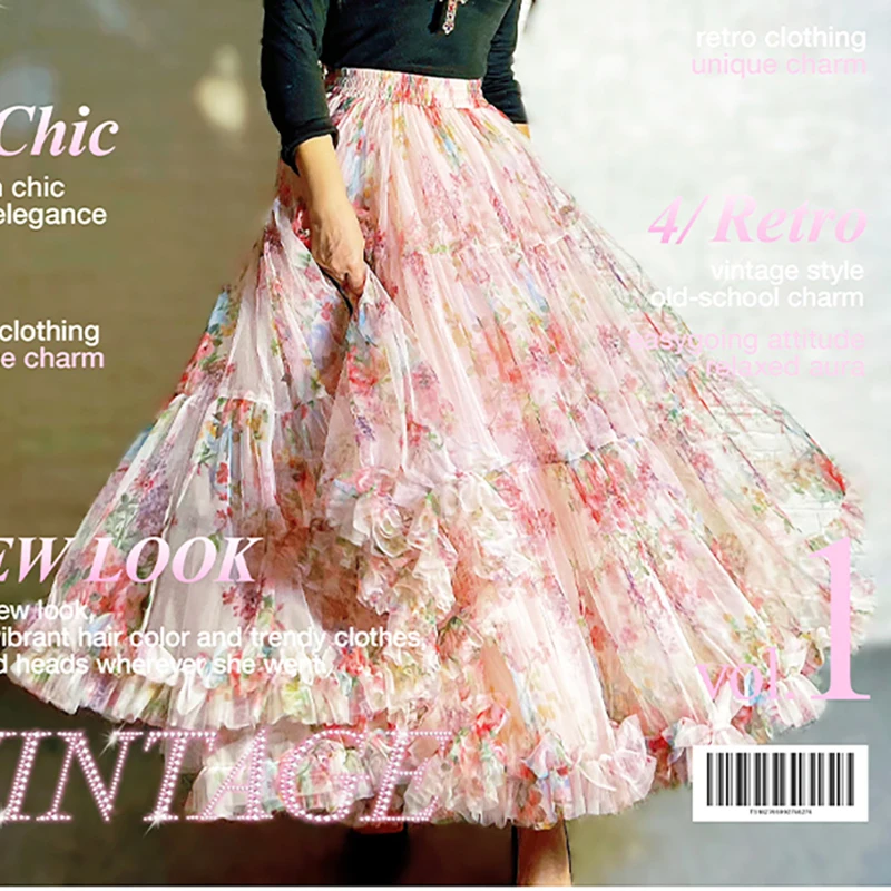 Female Summer Elegant Plus Size 6XL 5XL Big Hem Pink Floral Fragments Mesh Pleated Stitching Fairy Splice Maxi Skirts for Womens