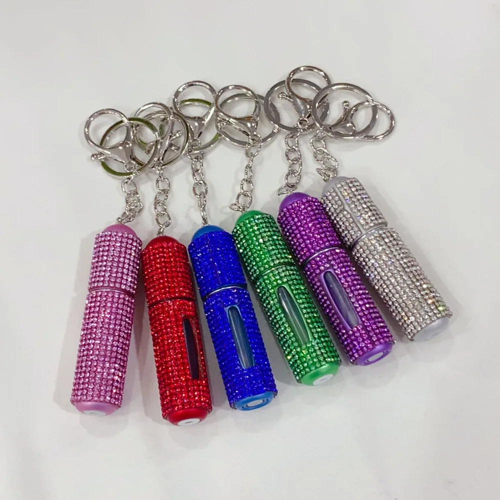 

New Refillable Keychain Perfume Bottle Crystal Rhinestone Key Ring Empty Spray Bottle Underfill Shiny Cosmetics Bottle