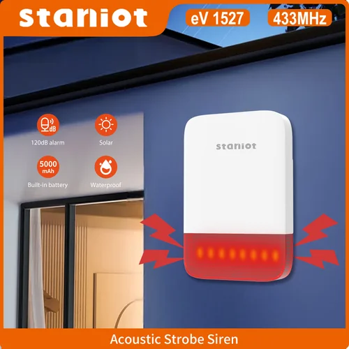 Staniot-sirena estroboscópica inalámbrica, 120dB, alto decibelio, soporte impermeable para interiores/exteriores, carga de Panel Solar, batería integrada de 5000mAh