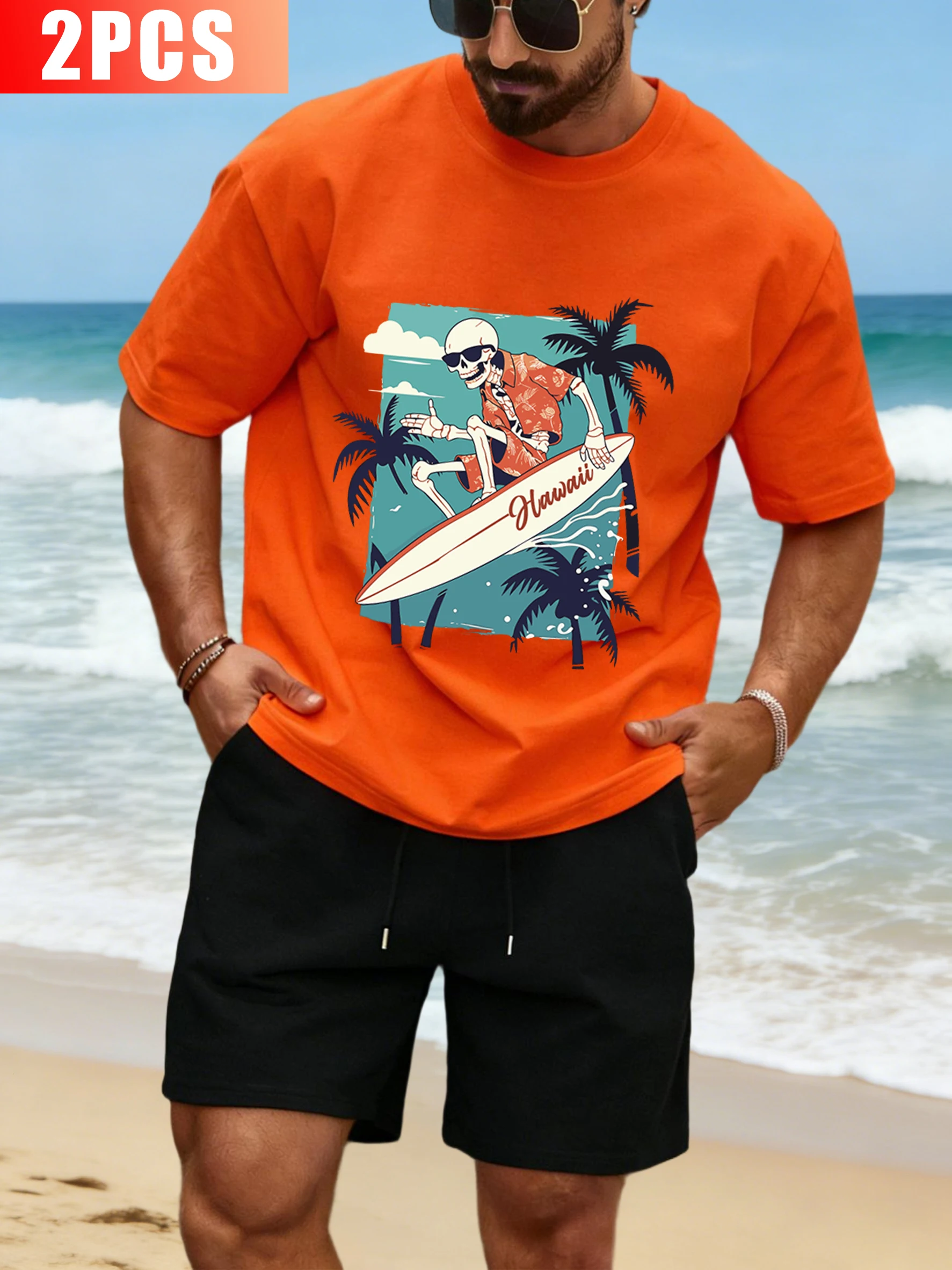 

Skeleton Wearing Orange Shirt Spends Hot Summer In Hawaiimens T-Shirt Set Casual Cotton Tee All-Match Shorts Mans Loose Clothing