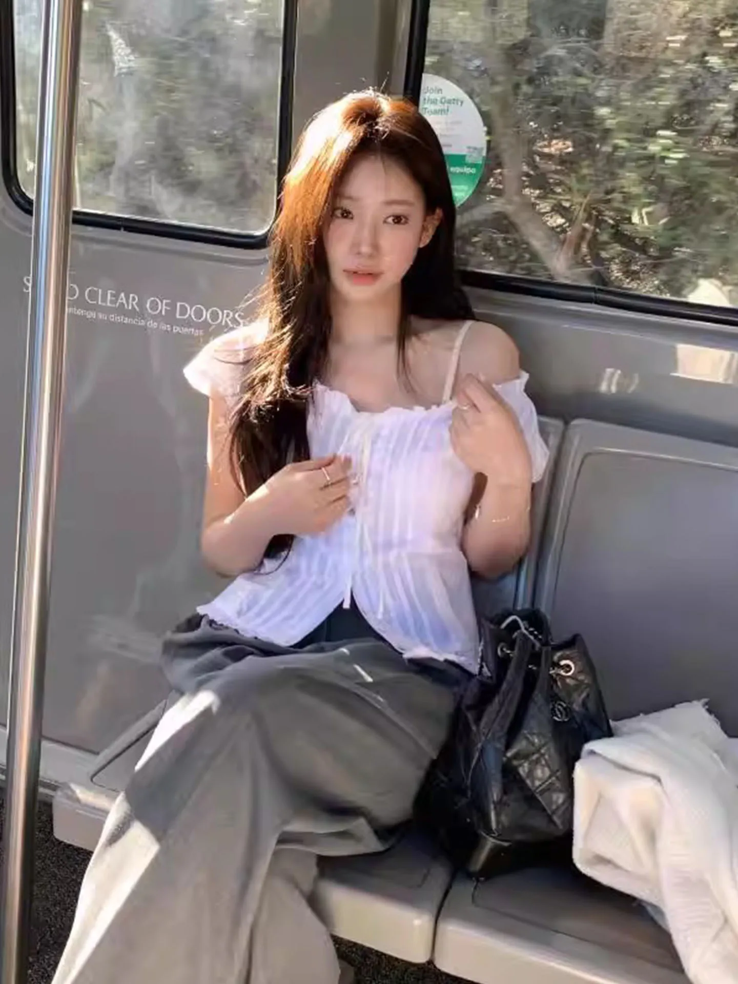 

Sweet Summer Short Sleeve Shirt with Wood Grain One Shoulder Belt Korean Style Commute Fashion Women's Premium Shirt