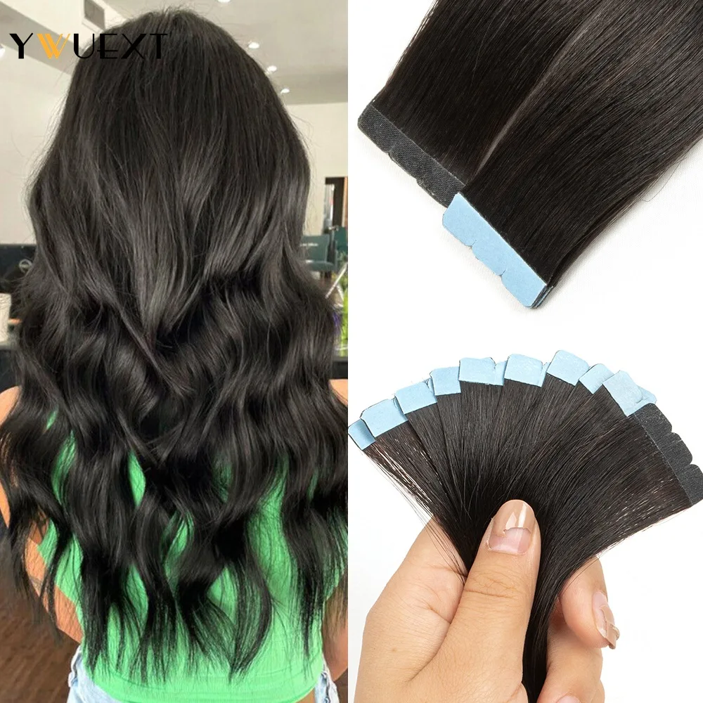 YWUEXT pita ekstensi rambut lurus 12-24inci pita Mini rambut manusia mesin hitam alami Remy 10 buah rambut mulus